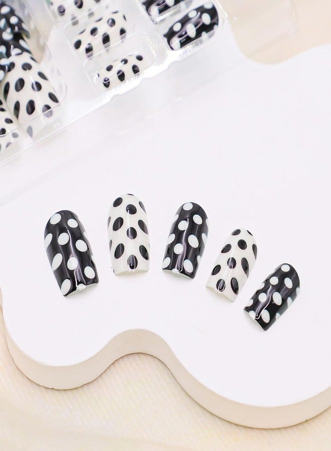 HJKDSFD Black White Press on Nails Square Fake Nails Medium Short False Nails with Dots Designs Full Cover Glossy Acrylic Reusable Artificial Stick on Nails Holiday Daily Wear for Women Girls 24Pcs - Image 4