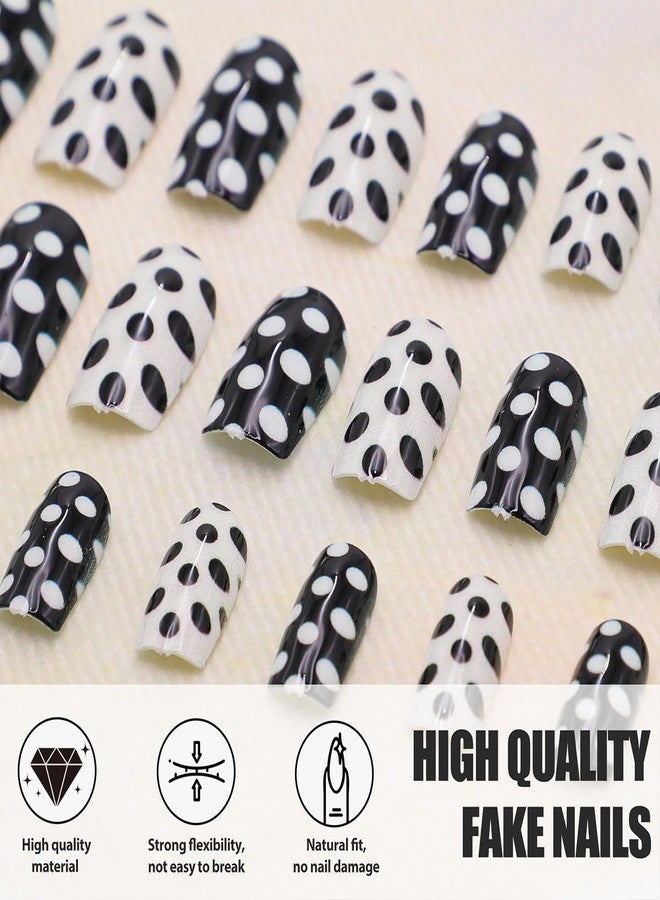HJKDSFD Black White Press on Nails Square Fake Nails Medium Short False Nails with Dots Designs Full Cover Glossy Acrylic Reusable Artificial Stick on Nails Holiday Daily Wear for Women Girls 24Pcs - Image 2
