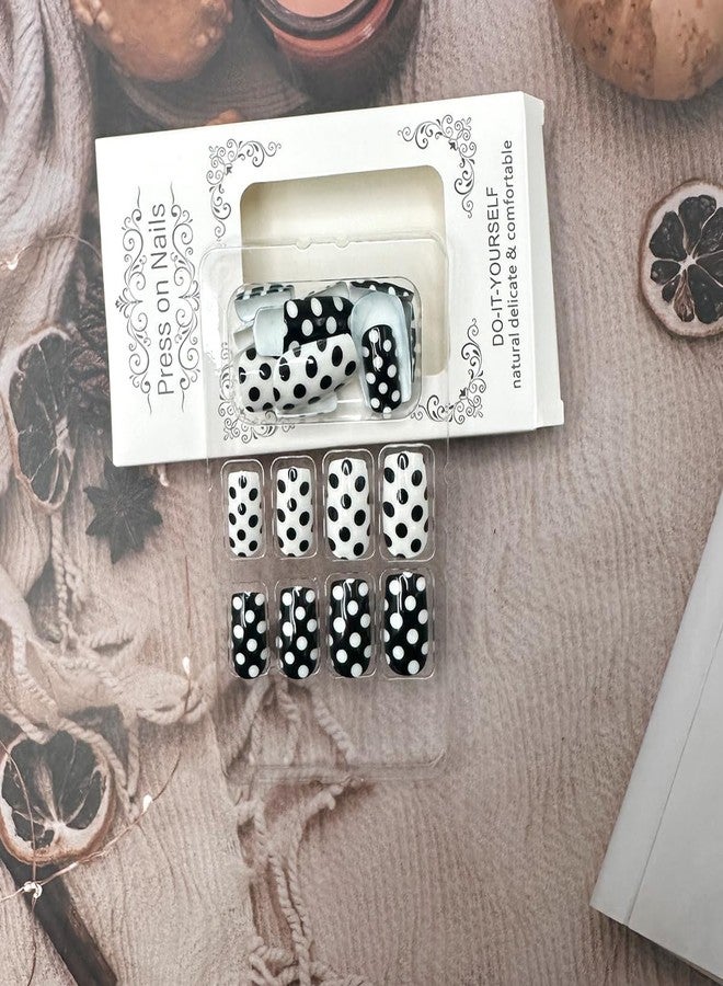 HJKDSFD Black White Press on Nails Square Fake Nails Medium Short False Nails with Dots Designs Full Cover Glossy Acrylic Reusable Artificial Stick on Nails Holiday Daily Wear for Women Girls 24Pcs - Image 5