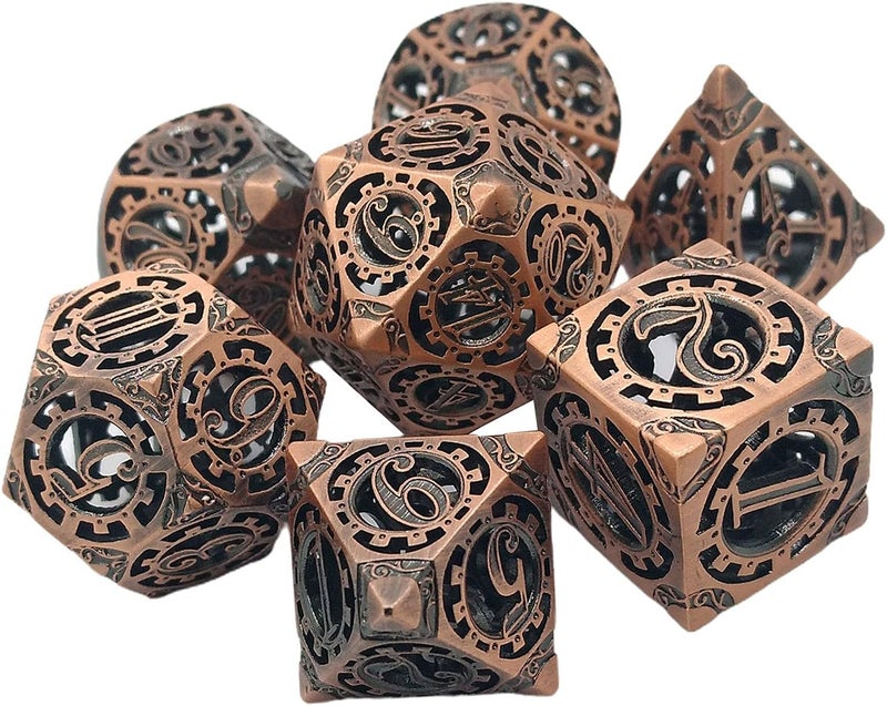 klarako 7Pcs Hollow Metal DND Game Dice Steampunk Gear Wheel for RPG MTG Table Games D&D Pathfinder Shadowrun and Math Teaching  Red Copper - Image 4