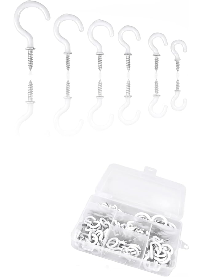 S-TOP 90 Pcs White Vinyl Coated Ceiling Hooks Kit - 6 Sizes Screw-in Hooks for Plants, Kitchen - Image 1