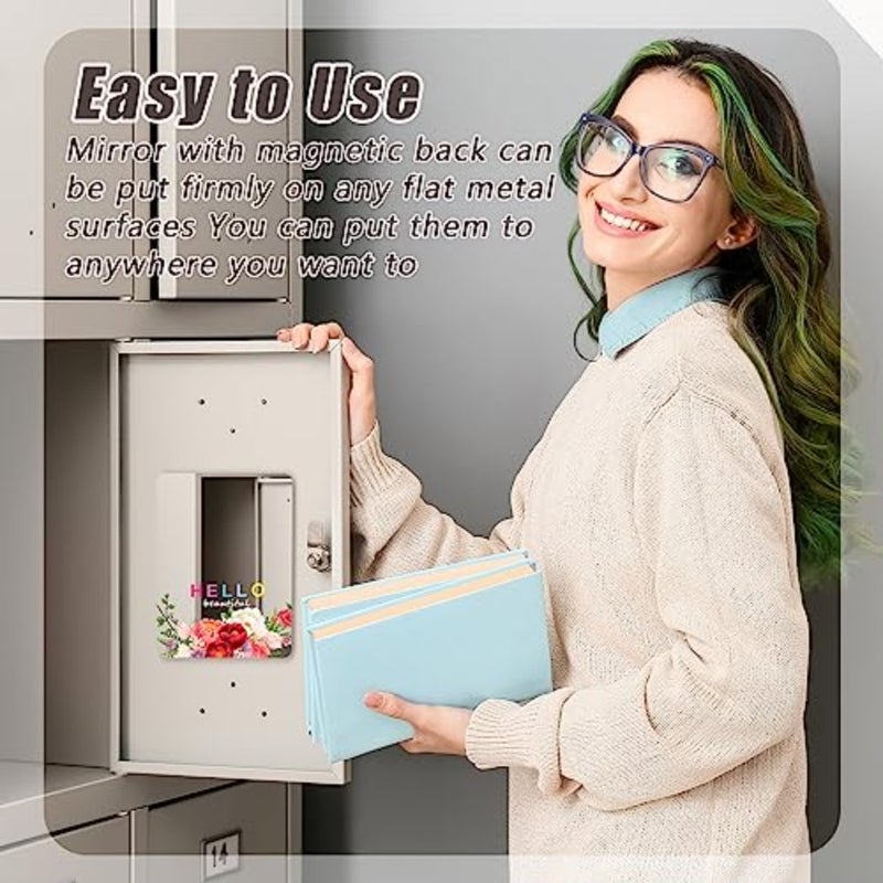 2 Pcs Magnetic Locker Mirror Floral Magnetic Mirror for Locker Hello Beautiful Decor 5" x 7" Acrylic Shatterproof Accessories Cubicle Shelf Office Bathroom Refrigerator - Image 2