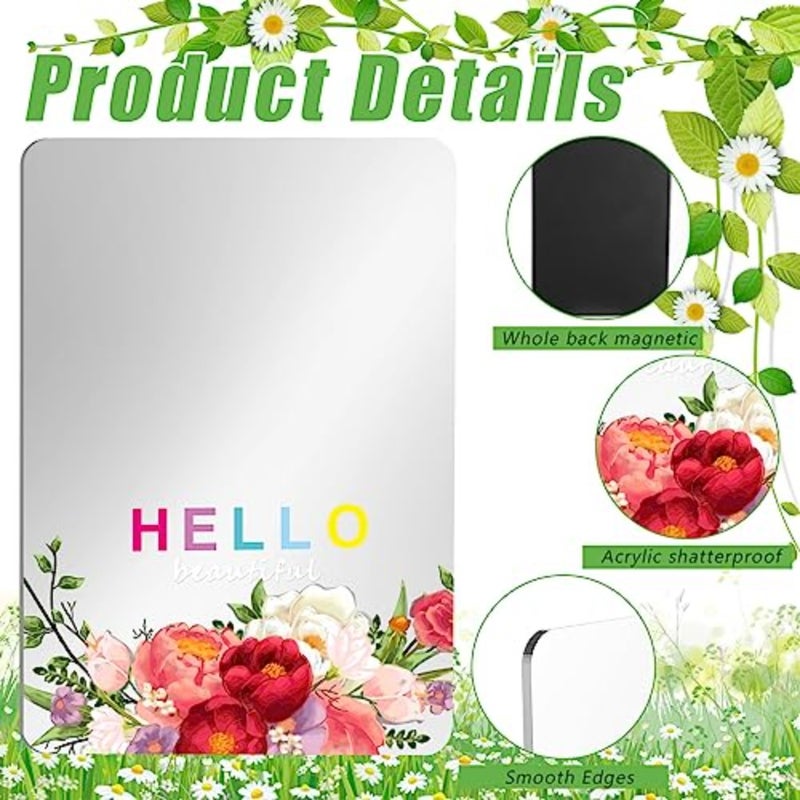 2 Pcs Magnetic Locker Mirror Floral Magnetic Mirror for Locker Hello Beautiful Decor 5" x 7" Acrylic Shatterproof Accessories Cubicle Shelf Office Bathroom Refrigerator - Image 4