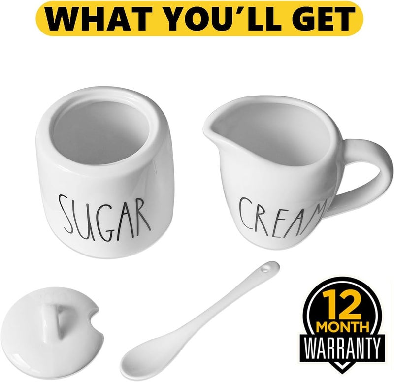 CHONIC Sugar and Creamer Set, Cream Container and Sugar Holder Set for Coffee Bar, Farmhouse Sugar Bowl with Lid and Spoon, Ceramic Sugar Dispenser and Creamer Pitcher Set for Countertop (White) - Image 5