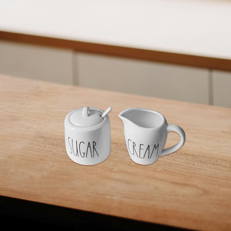 CHONIC Sugar and Creamer Set, Cream Container and Sugar Holder Set for Coffee Bar, Farmhouse Sugar Bowl with Lid and Spoon, Ceramic Sugar Dispenser and Creamer Pitcher Set for Countertop (White) - Image 2