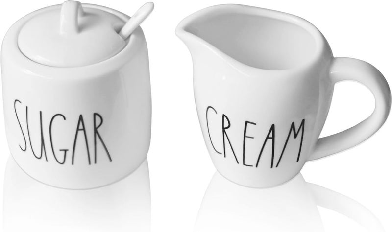 CHONIC Sugar and Creamer Set, Cream Container and Sugar Holder Set for Coffee Bar, Farmhouse Sugar Bowl with Lid and Spoon, Ceramic Sugar Dispenser and Creamer Pitcher Set for Countertop (White) - Image 1