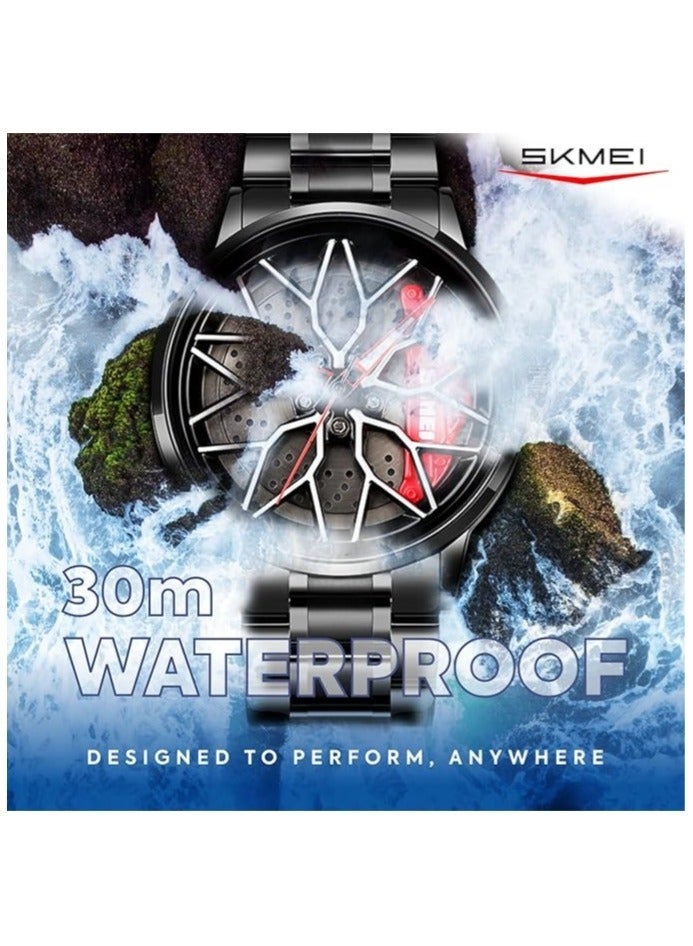 SKMEI Men's Sports Watch 3D Hollow Wheel Design Stainless Steel Watch Waterproof Car Wheel Rolling Spinning Dial Watch 1990D - Image 4