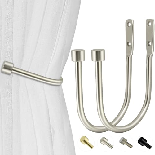 HIKMLK Minimalist Curtain Holdbacks 2pcs, Cast Iron Solid Heavy Duty Metal Curtain Tieback Side Holders for Wall, Curtain Hook Pull Backs for Drapes Window Home Decoration（Satin Nickel ） - Image 1