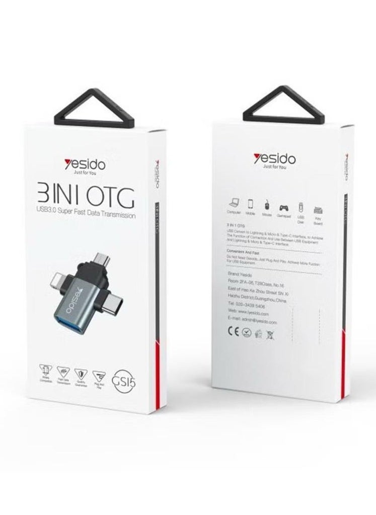 Yesido - Yesido GS15 OTG Adapter 3 In 1 USB 2.0 to Type-C / Micro / Lightning Adapter for Smart Phones - Image 1