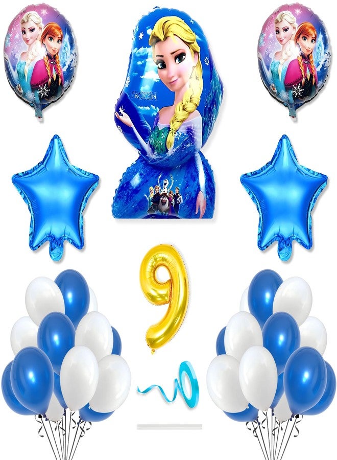 Flyloons 9th Frozen Theme Birthday Decorations Kit Blue White for 9 year Old Baby Boys Girls Kids 5 Pcs Elsa Anna Theme 30 Pcs Metallic Balloons Decoration Set Items 2 Pcs Blue Star - Image 1
