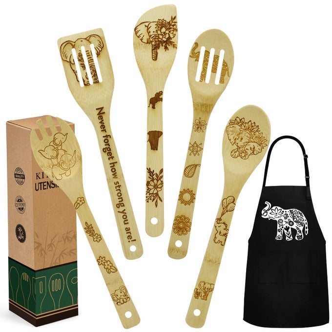 ELEPHANT GIFTS FOR WOMEN KITCHEN COOKING UTENSILS SET INCLUDE UNIQUE BAMBOO COOKING SPOONS APRON PERSONALIZED CHRISTMAS MOTHERS DAY HOUSEWARMING GIFT IDEA FOR MOM