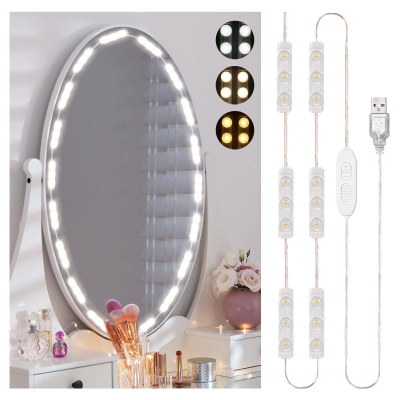 أضواء زينة LED للمرآة بتصميم هوليوود قابلة للتعديل مع سلك USB ودرجة سطوع قابلة للتعتيم لتطبيق المكياج على الطاولة في غرفة الملابس باللون الأبيض