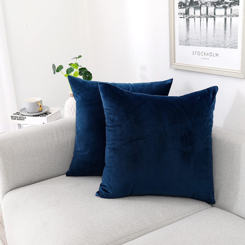 NiNi ALL Decorative Throw Pillow Covers Velvet 14x14 Inch Pack of 2 Dark Blue Cushion Covers Soft for Couch Sofa Bedroom Living Room Outdoor - Image 1