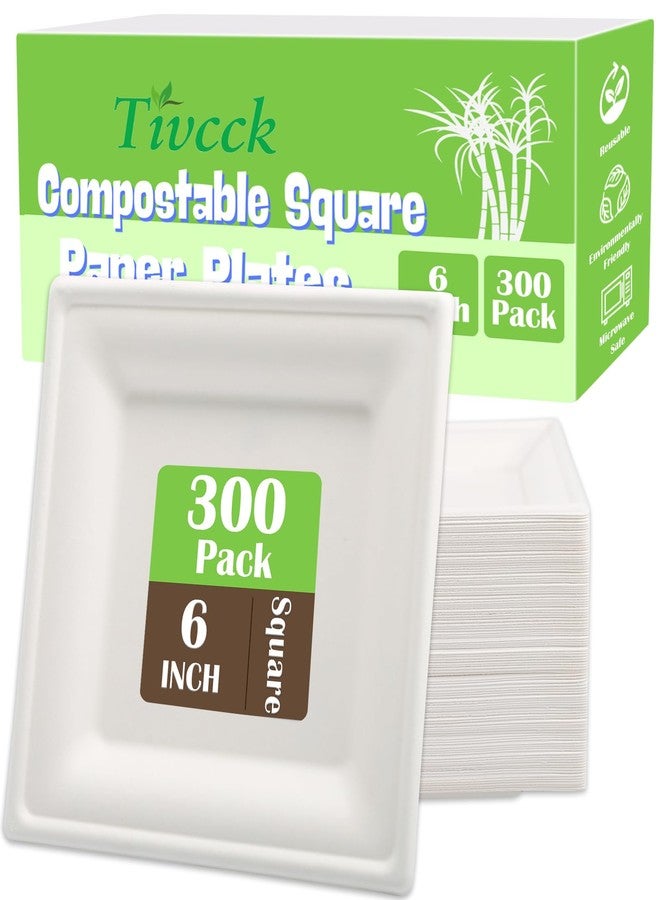 Tivcck 300 pack Compostable Square Paper Plates,6 Inch Dessert Plates,Heavy Duty Biodegradable Sugarcane Plate,Disposable Small Paper Plate for Daily Meals,Party,Picnic,Cake(White) - Image 1