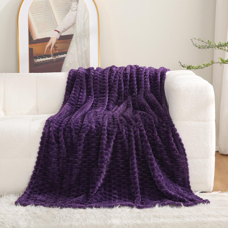Puncuntex Deep Purple Throw Blanket 50"Ã—60" inches Fuzzy 3D Jacquard Decorative Flannel Fleece Super Soft Plush Cozy Blanket for Couch Sofa Chair Lightweight - Image 1