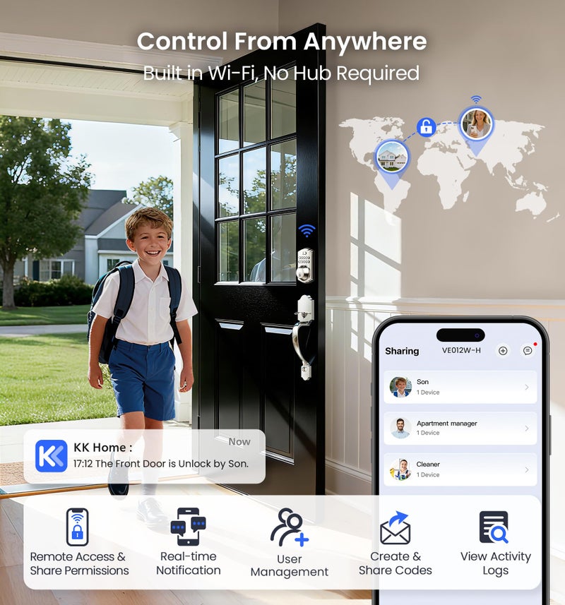 Veise VE012W-H WiFi Smart Front Door Lock Set, Built-in WiFi, App Remote & Voice Control, Fingerprint Keyless Entry Smart deadbolt with Handle, Backlit Keypad, Auto Lock, IP55 Waterproof, Satin Nickel - Image 2
