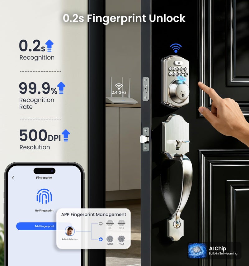 Veise VE012W-H WiFi Smart Front Door Lock Set, Built-in WiFi, App Remote & Voice Control, Fingerprint Keyless Entry Smart deadbolt with Handle, Backlit Keypad, Auto Lock, IP55 Waterproof, Satin Nickel - Image 4