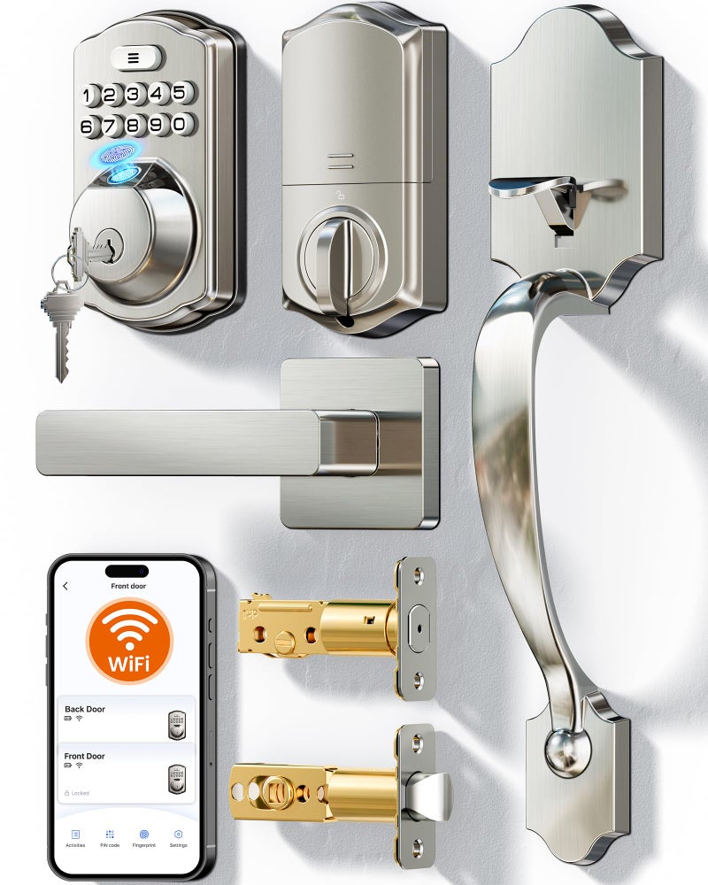 Veise VE012W-H WiFi Smart Front Door Lock Set, Built-in WiFi, App Remote & Voice Control, Fingerprint Keyless Entry Smart deadbolt with Handle, Backlit Keypad, Auto Lock, IP55 Waterproof, Satin Nickel - Image 1