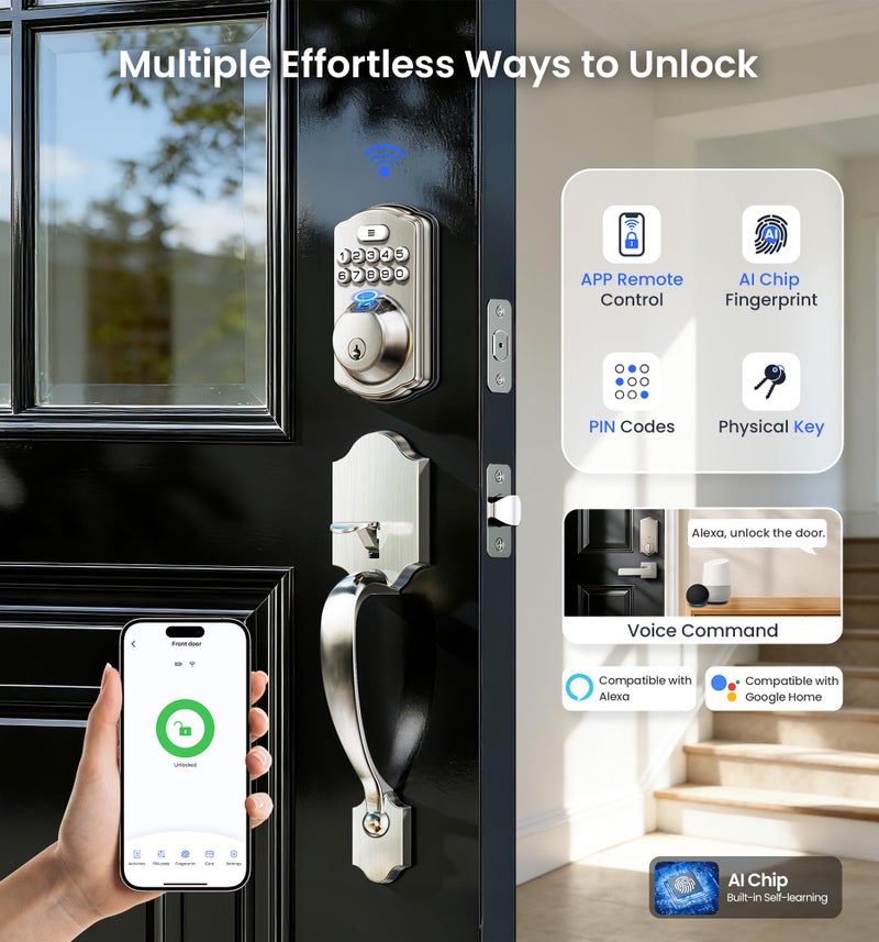 Veise VE012W-H WiFi Smart Front Door Lock Set, Built-in WiFi, App Remote & Voice Control, Fingerprint Keyless Entry Smart deadbolt with Handle, Backlit Keypad, Auto Lock, IP55 Waterproof, Satin Nickel - Image 3