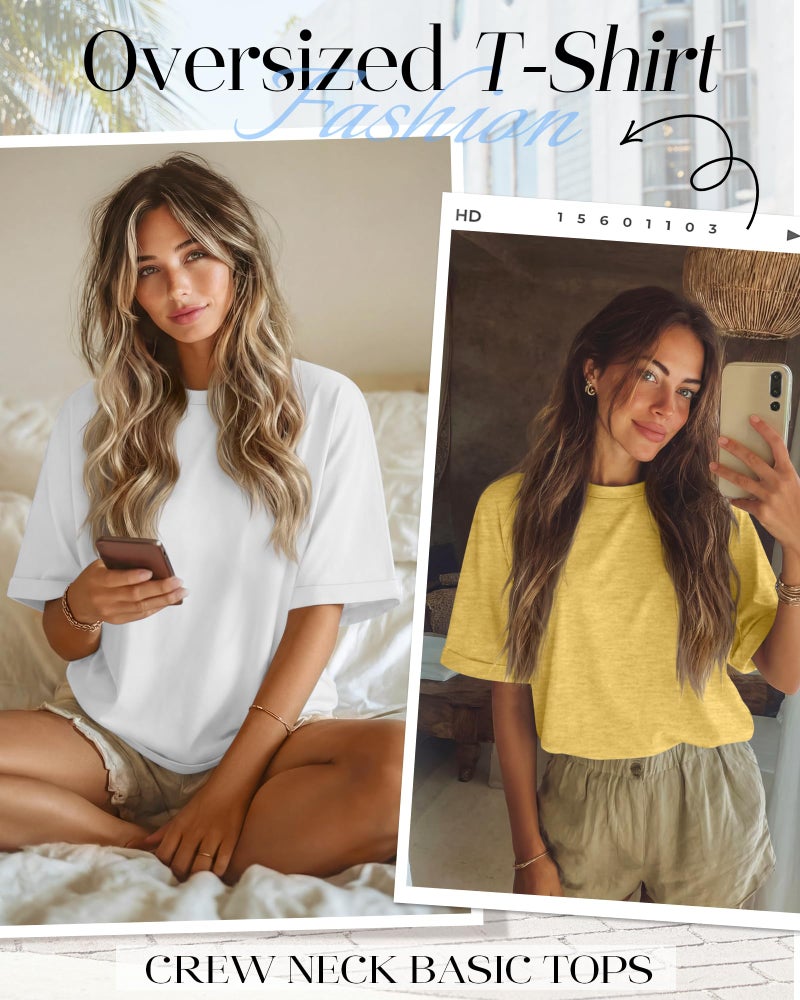 Riyiper 3 Pack Women's Oversized T-Shirt Half Sleeve Summer Tees Casual Loose Fit Crew Neck Basic Tops(Light Yellow, White, Black,Medium) - Image 4