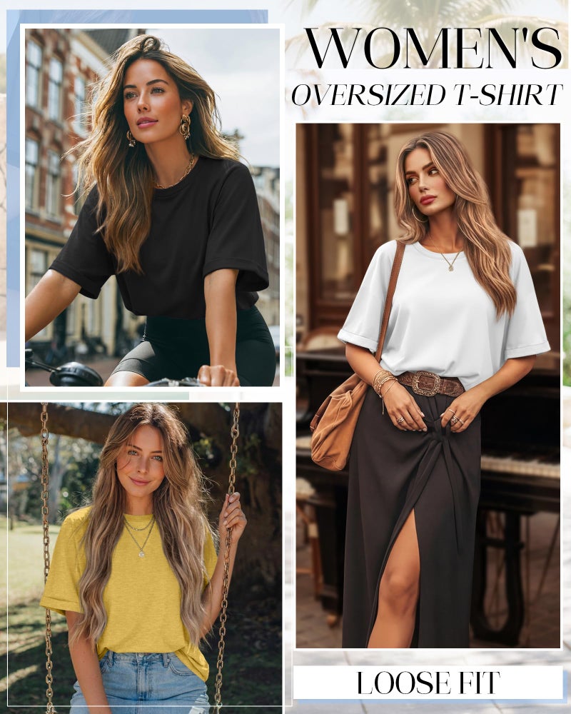 Riyiper 3 Pack Women's Oversized T-Shirt Half Sleeve Summer Tees Casual Loose Fit Crew Neck Basic Tops(Light Yellow, White, Black,Medium) - Image 3