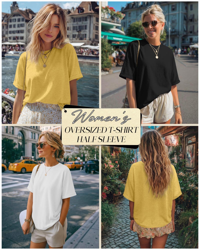 Riyiper 3 Pack Women's Oversized T-Shirt Half Sleeve Summer Tees Casual Loose Fit Crew Neck Basic Tops(Light Yellow, White, Black,Medium) - Image 2