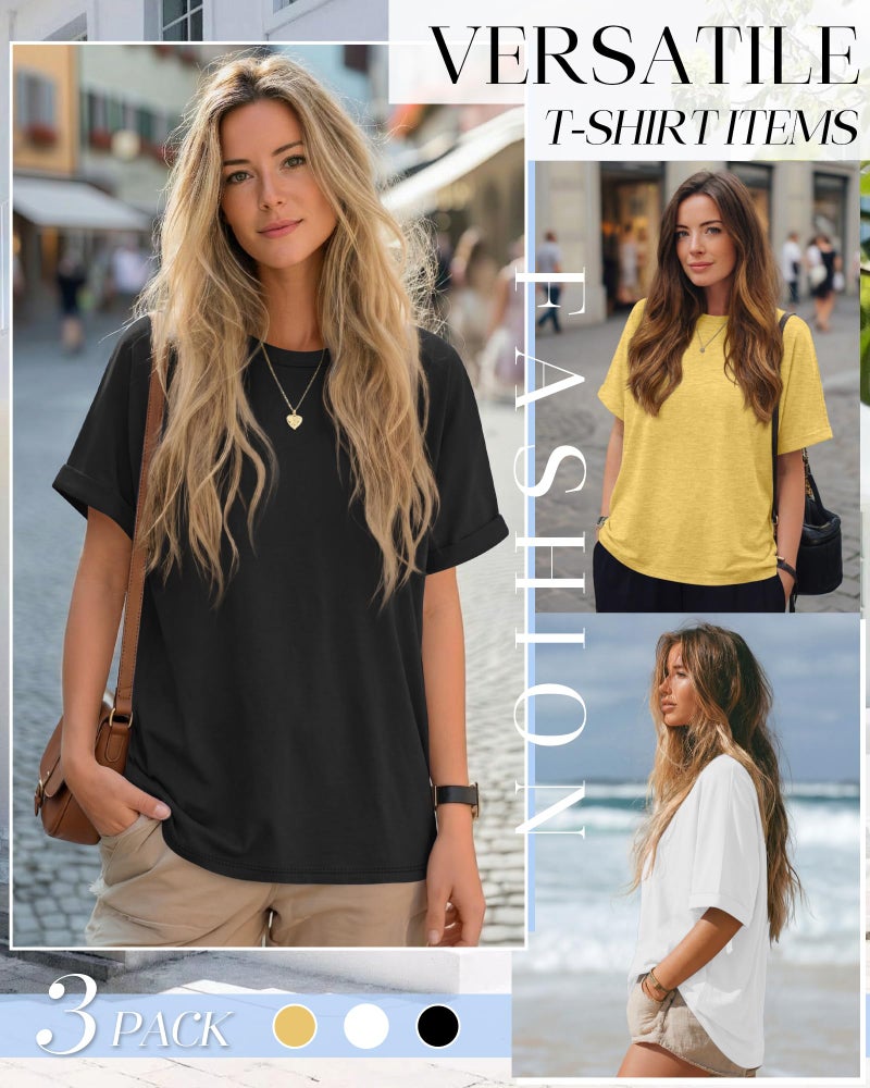 Riyiper 3 Pack Women's Oversized T-Shirt Half Sleeve Summer Tees Casual Loose Fit Crew Neck Basic Tops(Light Yellow, White, Black,Medium) - Image 5
