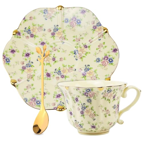 Harahiko Country Roses Porcelain Tea Cup and Saucer Set with Gold Trim, Vintage Style, For Women and Tea Parties (1, Yellow) - Image 1