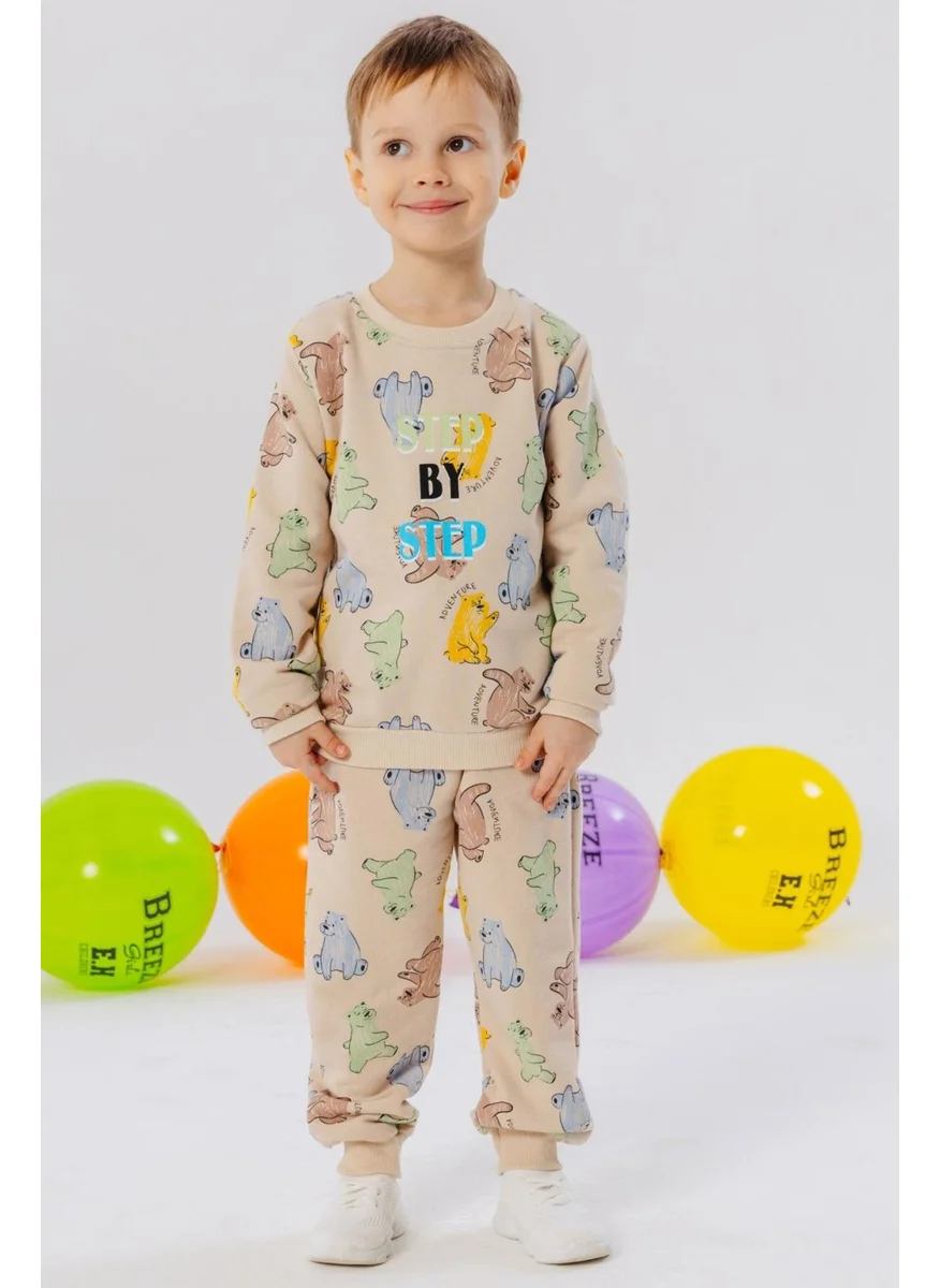 Breeze Breeze Boy's Tracksuit Set Colorful Cute Teddy Bear Patterned 1.5-5 Years Old, Beige