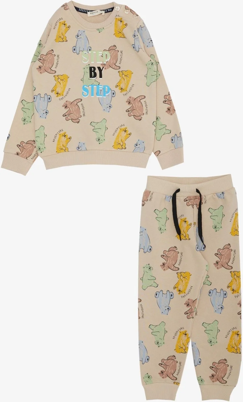 Breeze Breeze Boy's Tracksuit Set Colorful Cute Teddy Bear Patterned 1.5-5 Years Old, Beige