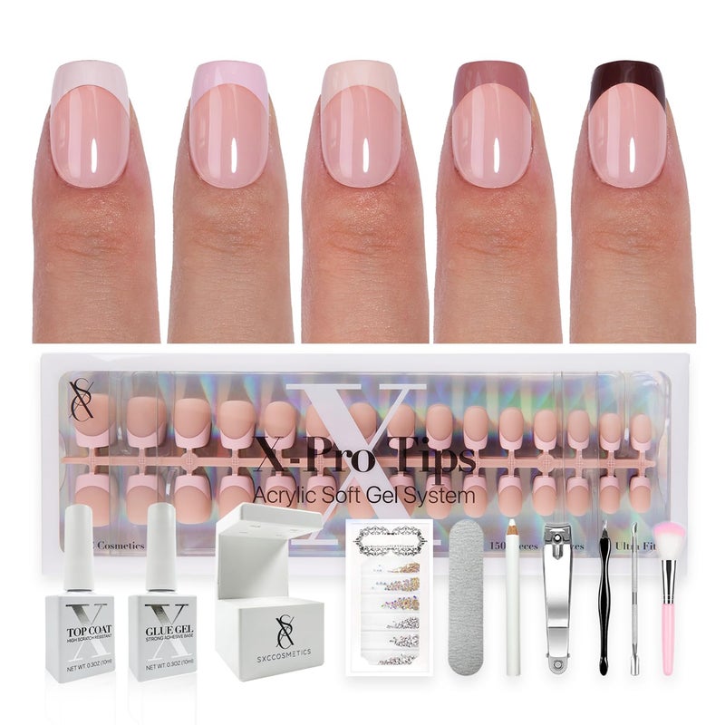 SXC Cosmetics French Tip Press On Nails - Skin Tone Nude and Color Series, XS Square X-Pro Tips Starter Kit ST113KIT - Image 1