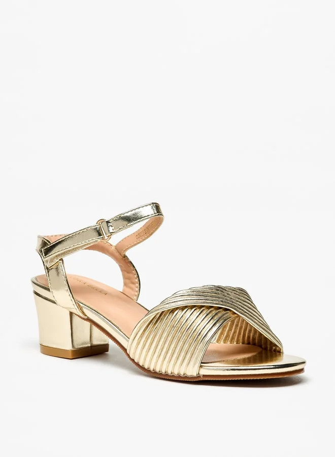 Flora Bella By Shoexpress Girls Textured Block-Heeled Sandals with Hook and Loop Closure