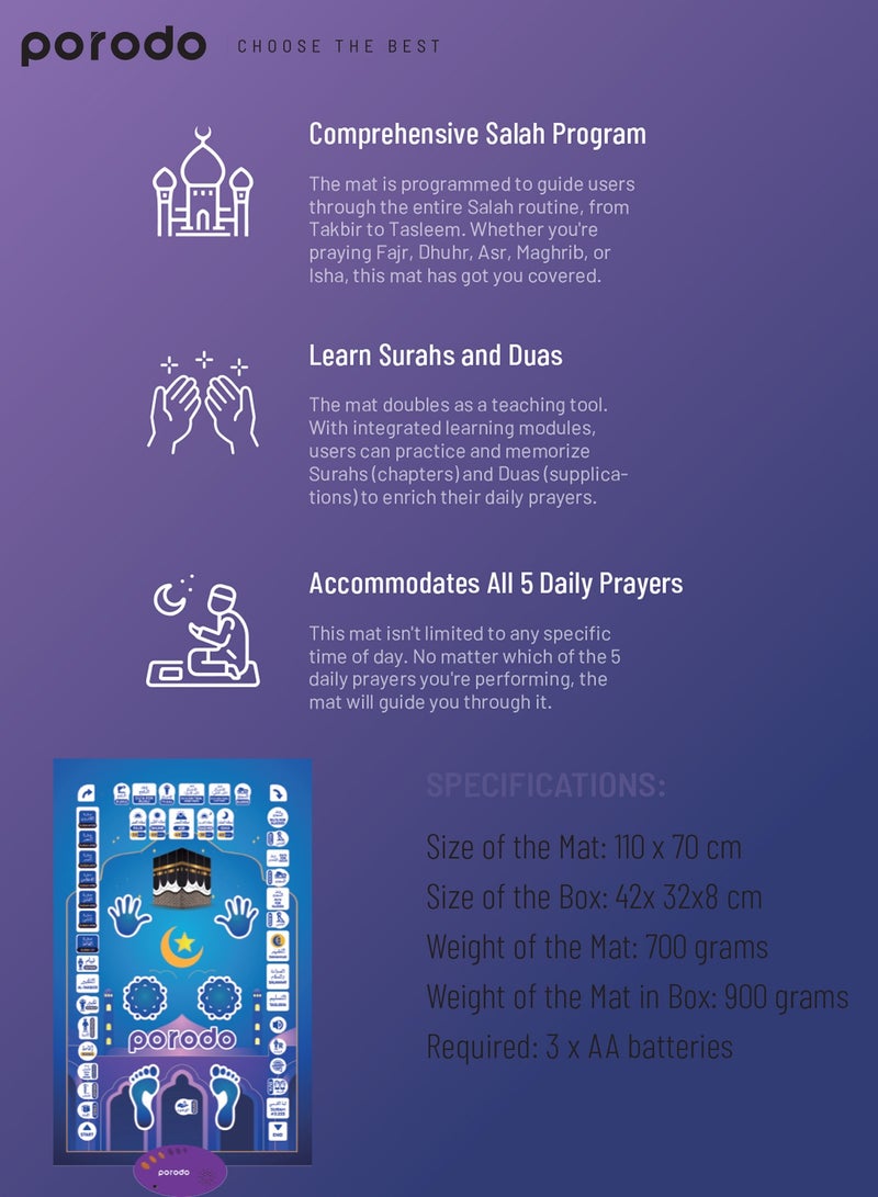 porodo Kids Educational Interactive Smart Prayer Mat 110 x 70cm - Blue  - Image 3