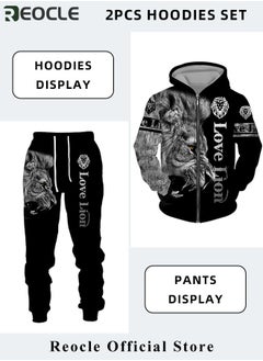 REOCLE Men's 2 Pcs Hoodie Set Sweatshirt Suit 3D Printed Long Sleeve Hoodie with Zipper Trackpant Casual Suit  - Image 3