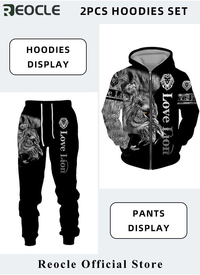 REOCLE Men's 2 Pcs Hoodie Set Sweatshirt Suit 3D Printed Long Sleeve Hoodie with Zipper Trackpant Casual Suit  - Image 3
