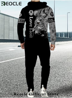 REOCLE Men's 2 Pcs Hoodie Set Sweatshirt Suit 3D Printed Long Sleeve Hoodie with Zipper Trackpant Casual Suit  - Image 2