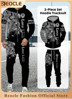 REOCLE Men's 2 Pcs Hoodie Set Sweatshirt Suit 3D Printed Long Sleeve Hoodie with Zipper Trackpant Casual Suit  - Image 1