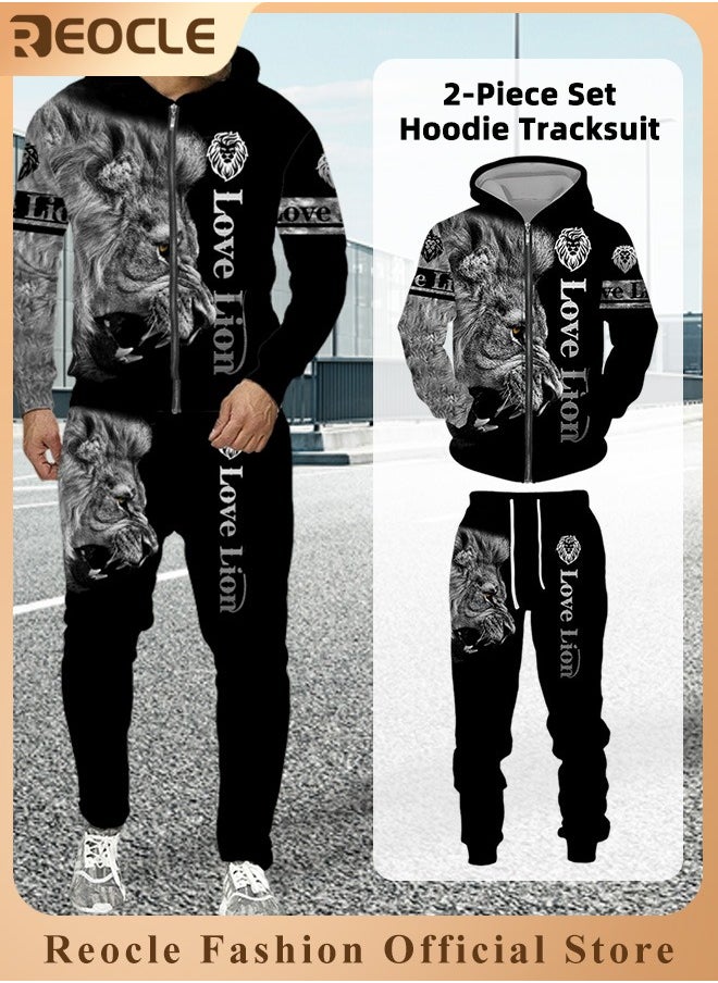 REOCLE Men's 2 Pcs Hoodie Set Sweatshirt Suit 3D Printed Long Sleeve Hoodie with Zipper Trackpant Casual Suit  - Image 1