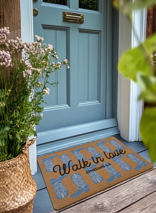 XLDLIOO Christian Western Cowgirl Door Mat, Bible Verse Walk in Love Boots Welcome Front Door Mat Indoor Outdoor Entrance, Trendy Preppy Artificial Coir Doormat Rugs for Patio Entry Decor 30x17in - Image 2