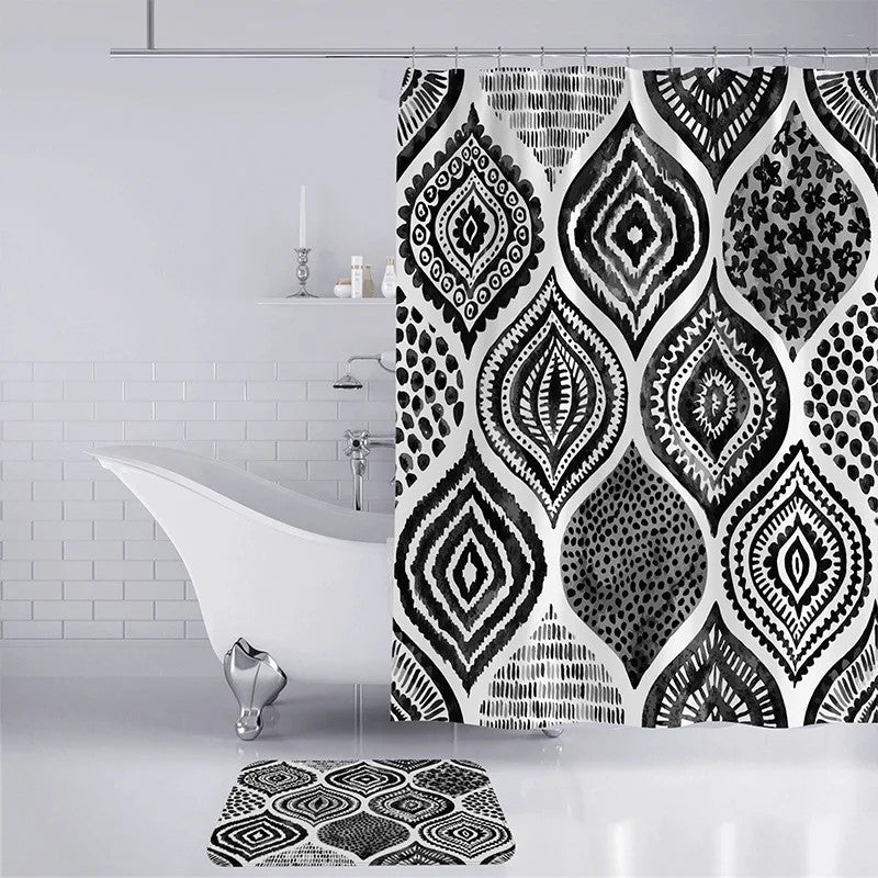 Y&D 4Pcs Boho Shower Curtain Sets Geometric Shower Curtain Sets with Rugs Shower Curtain with 12 Hooks for Bathroom Set Decor - Image 3