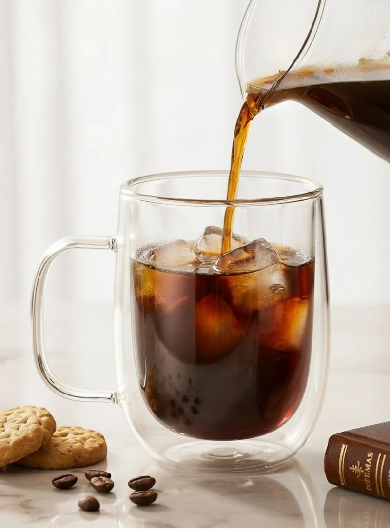 1Chase  Double Walled Glass Coffee Cups With Handle And Glass Lid, 350 ML 2Pcs Set  | Best Price UAE