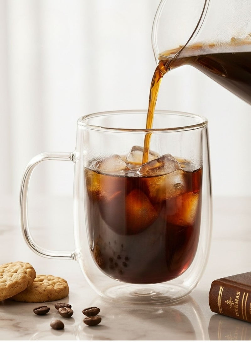 1Chase Double Walled Glass Coffee Cups With Handle And Glass Lid, 350 ML 2Pcs Set - Image 3