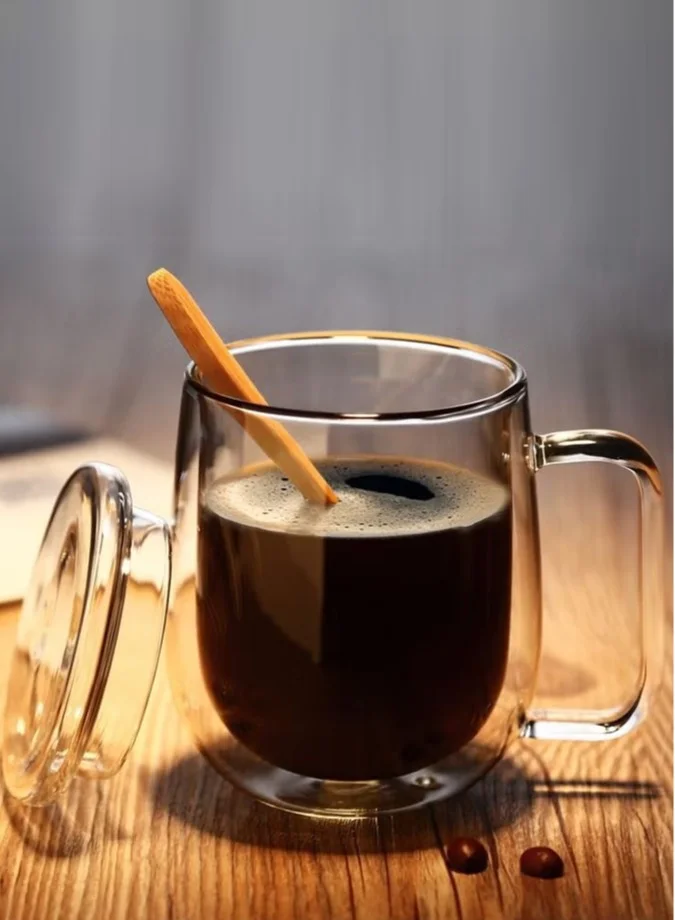 1Chase  Double Walled Glass Coffee Cups With Handle And Glass Lid, 350 ML 2Pcs Set  | Best Price UAE