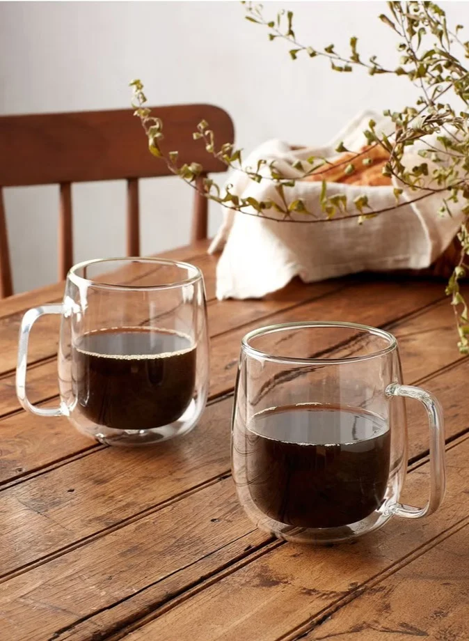 1Chase  Double Walled Glass Coffee Cups With Handle And Glass Lid, 350 ML 2Pcs Set  | Best Price UAE
