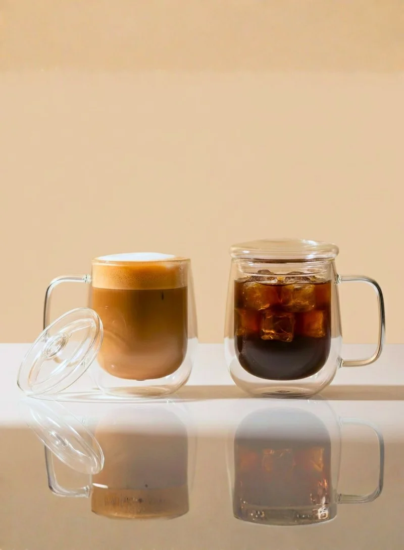 1Chase  Double Walled Glass Coffee Cups With Handle And Glass Lid, 350 ML 2Pcs Set  | Best Price UAE