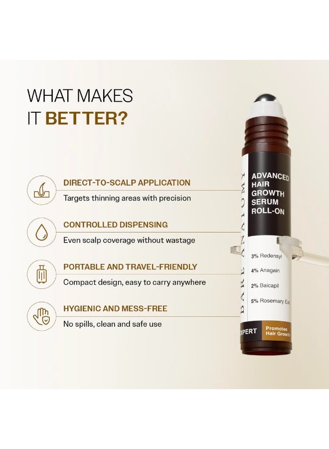 Bare Anatomy Advanced Hair Growth Serum Roll-On| 3% Redensyl + 4% Anagain + 2% Baicapil + 5% Rosemary, Rice Water, Biotin & Saw Palmetto| Reduces Hair Fall, Supports Hair Growth for Men & Women | 25ml - Image 4