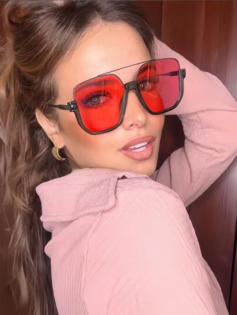 GUVIVI Retro Oversized Aviator Sunglasses for Women Men Square Semi-Rimless Double Bridge Sun Glasses 70s Trendy Shades Pilot-style Red - Image 3