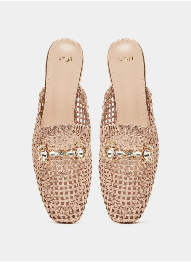 Styli Textured Woven Pointed Toe Mules