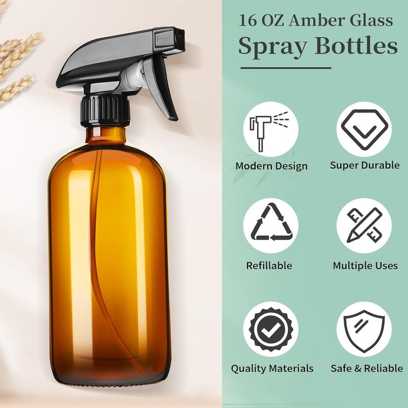 Fohome Empty Amber Glass Spray Bottle, 2 Pack Refillable Empty Spray Bottle for Essential Oils, Plants, Cleaning Solutions, Hair Mister - Refillable Container with Mist and Stream Setting (500 ML) - Image 3