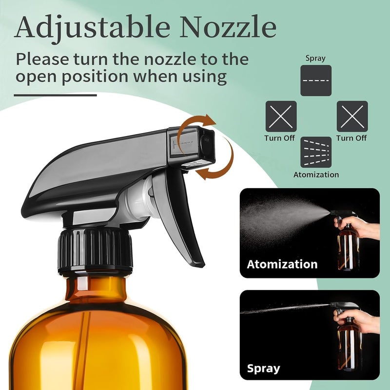 Fohome Empty Amber Glass Spray Bottle, 2 Pack Refillable Empty Spray Bottle for Essential Oils, Plants, Cleaning Solutions, Hair Mister - Refillable Container with Mist and Stream Setting (500 ML) - Image 2